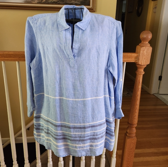 Tahari Tops - Tahari Linen Blouse Tunic Pastel Blue Roll-up Sleeves Full Button Front Vee Neck